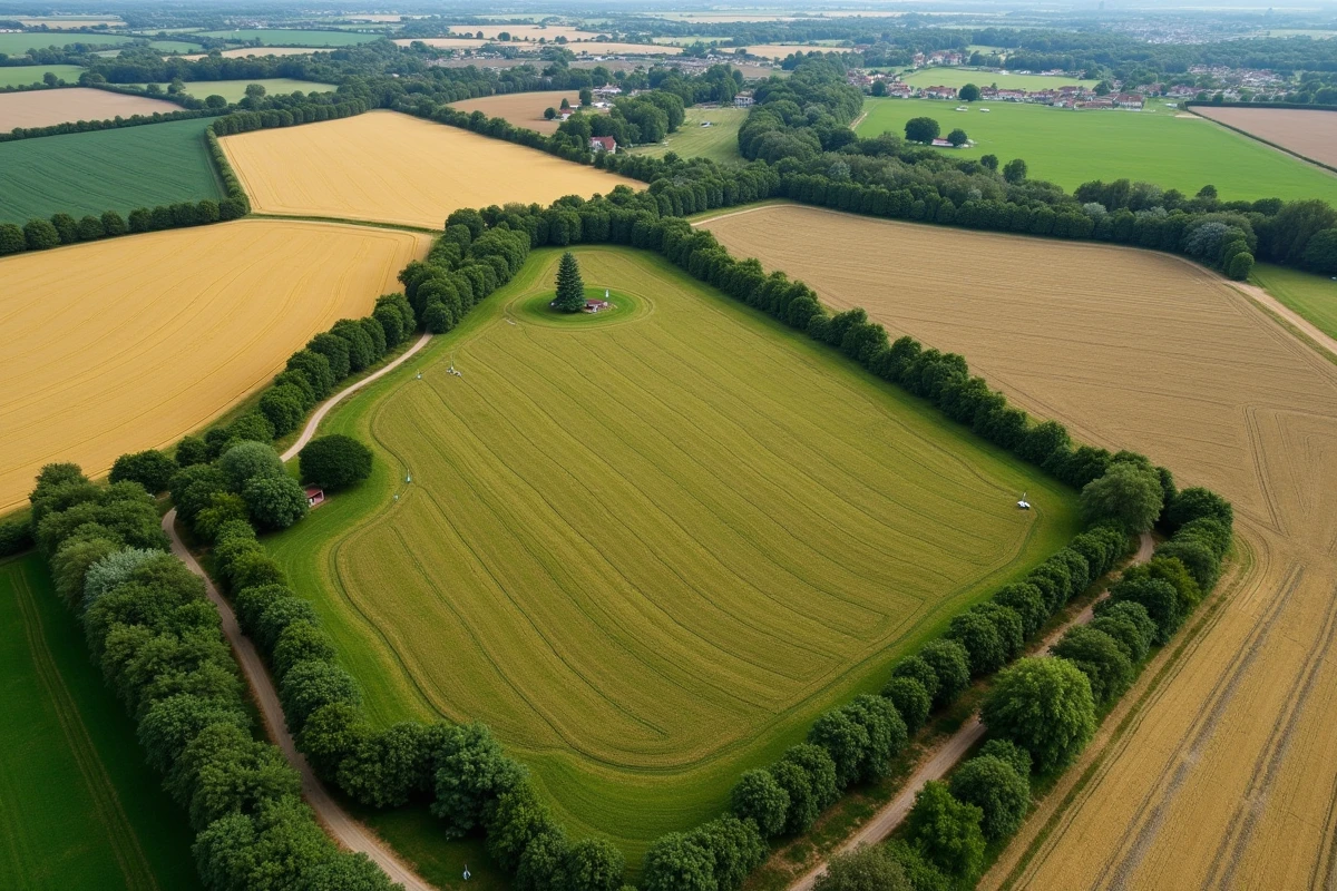 Vue aérienne d'un terrain agricole divisé en parcelles mesurées en ares et hectares dans la campagne française